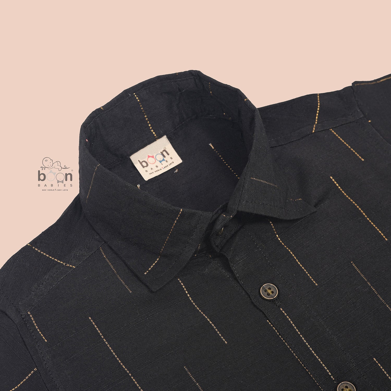 Black silk shirt for boys with vertical golden thread lines – Boon Babies ethnic festive wear for kids aged 12 months to 5 years.