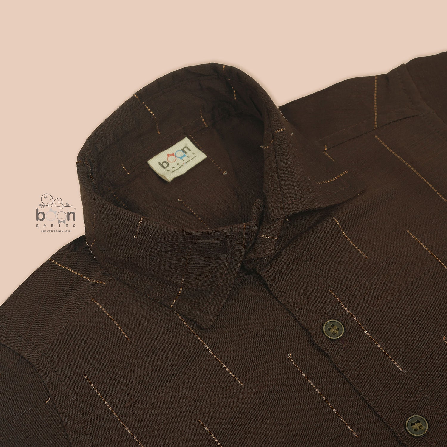 Coffee brown silk shirt for boys with subtle gold zari lines, paired with traditional white pattu dhoti – Boon Babies festive ethnic collection.