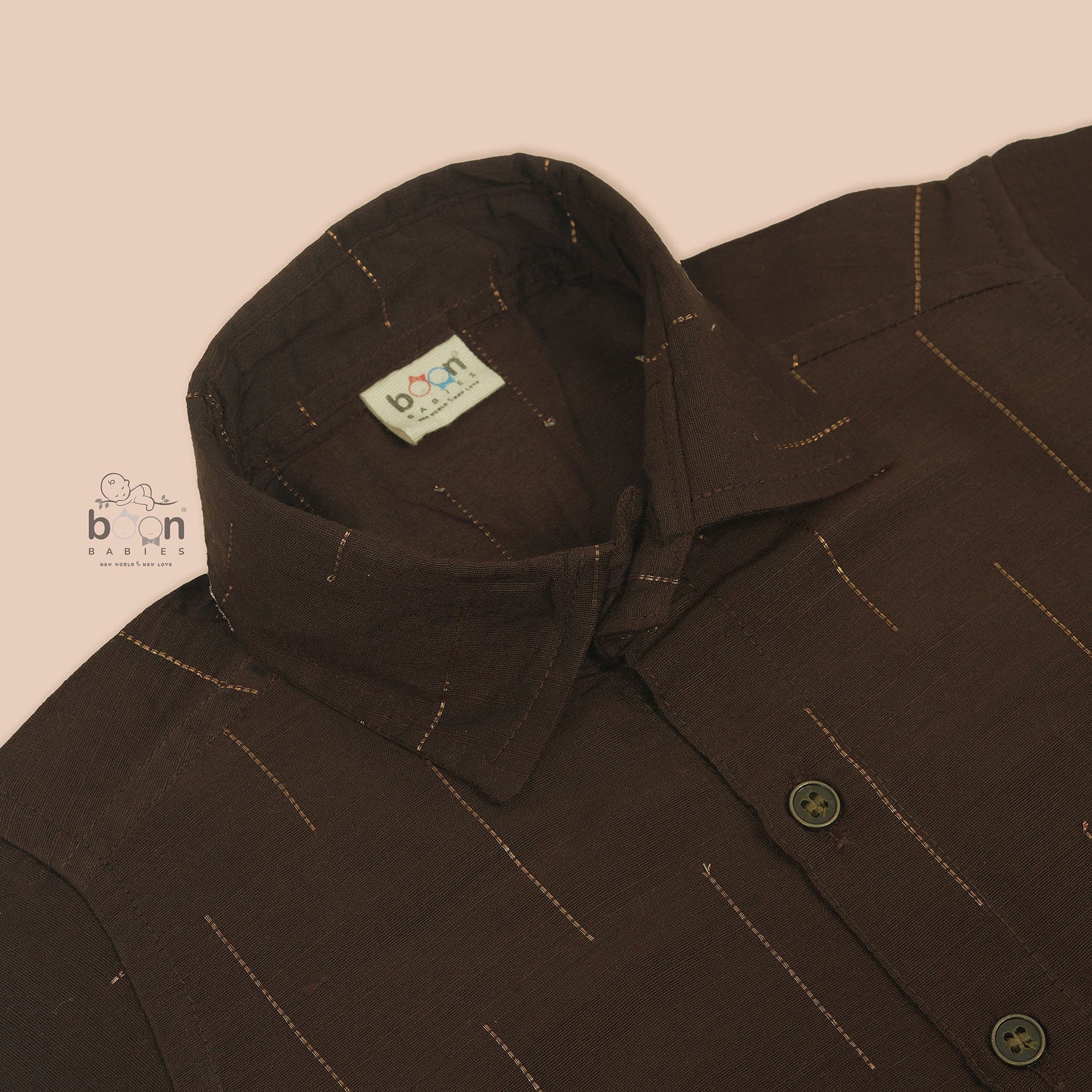 Coffee brown silk shirt for boys with subtle gold zari lines, paired with traditional white pattu dhoti – Boon Babies festive ethnic collection.
