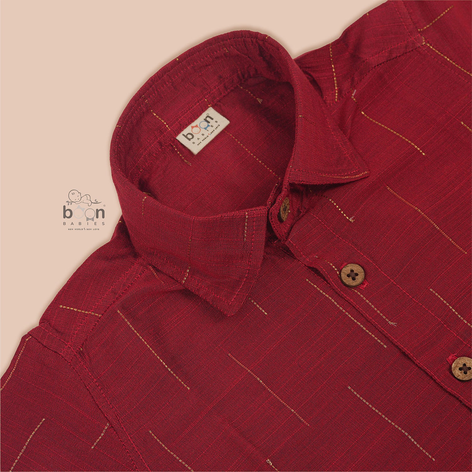 Bright red silk shirt for boys with golden stripes, paired with white pattu dhoti – Boon Babies ethnic wear collection.

