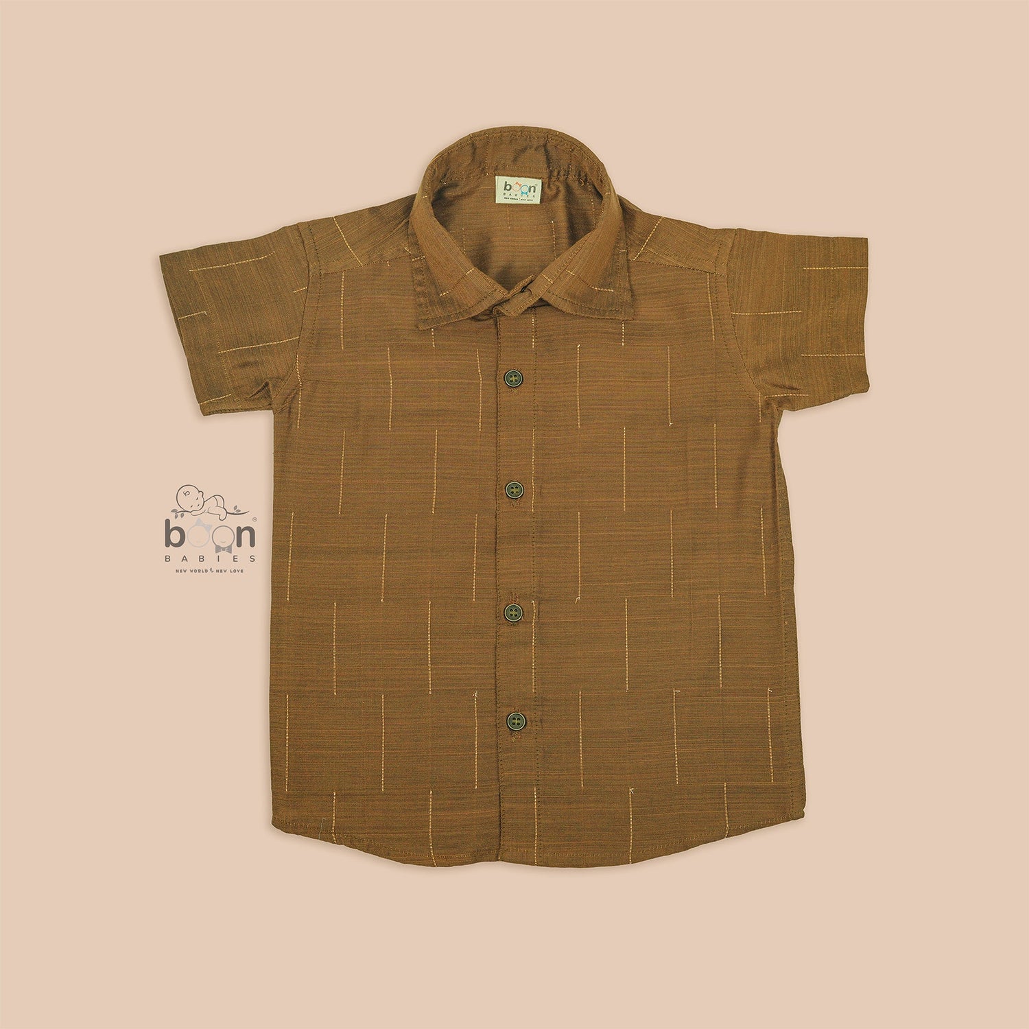 Golden brown silk shirt for boys with gold thread lines, styled with white pattu dhoti – Boon Babies ethnic festive collection.
