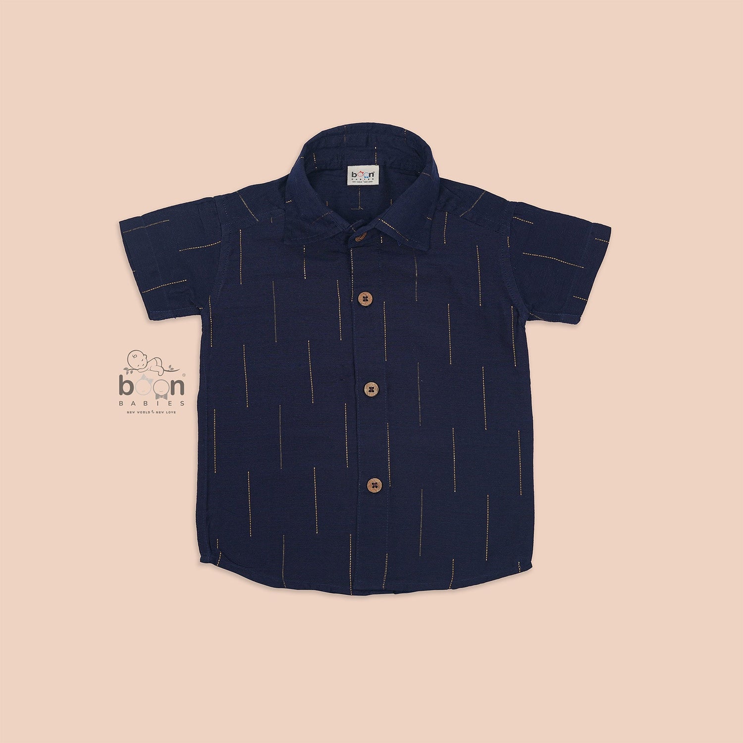 Boys ethnic shirt in navy blue silk with golden thread detailing and wooden buttons – traditional festive wear by Boon Babies for ages 12 months to 5 years.