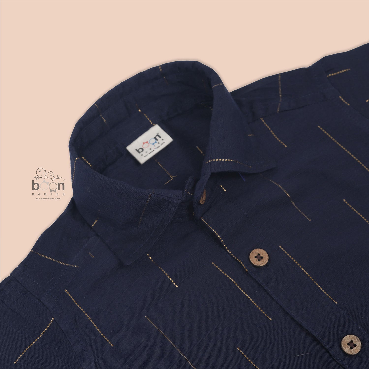 Boys ethnic shirt in navy blue silk with golden thread detailing and wooden buttons – traditional festive wear by Boon Babies for ages 12 months to 5 years.