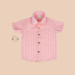 Peach silk shirt for boys with short sleeves and vertical gold detailing – Boon Babies festive wear collection for kids aged 12M–5Y.
