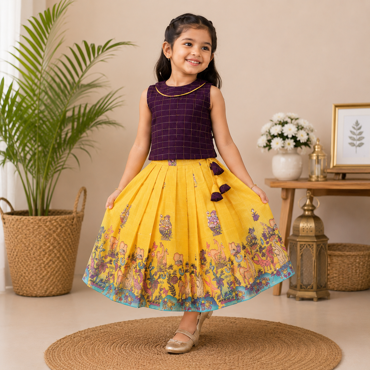 Girls Raw Silk Pichwai Skirt Set