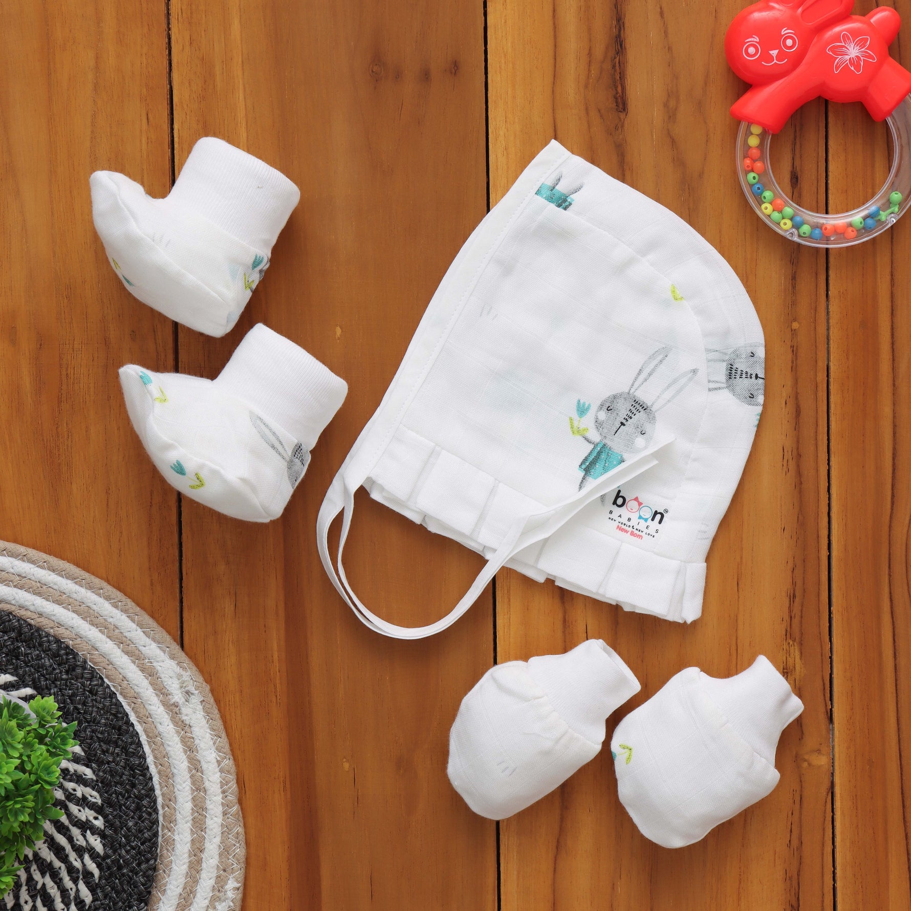 Boon Babies Charming Printed Muslin Cap Set Mittens and Booties Adorable Ensemble