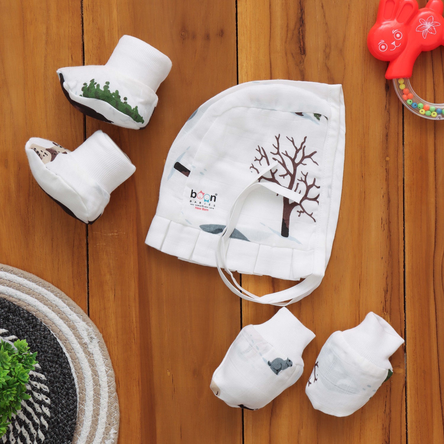 Charming Printed Muslin Cap Set with Mittens and Booties - Adorable Ensemble