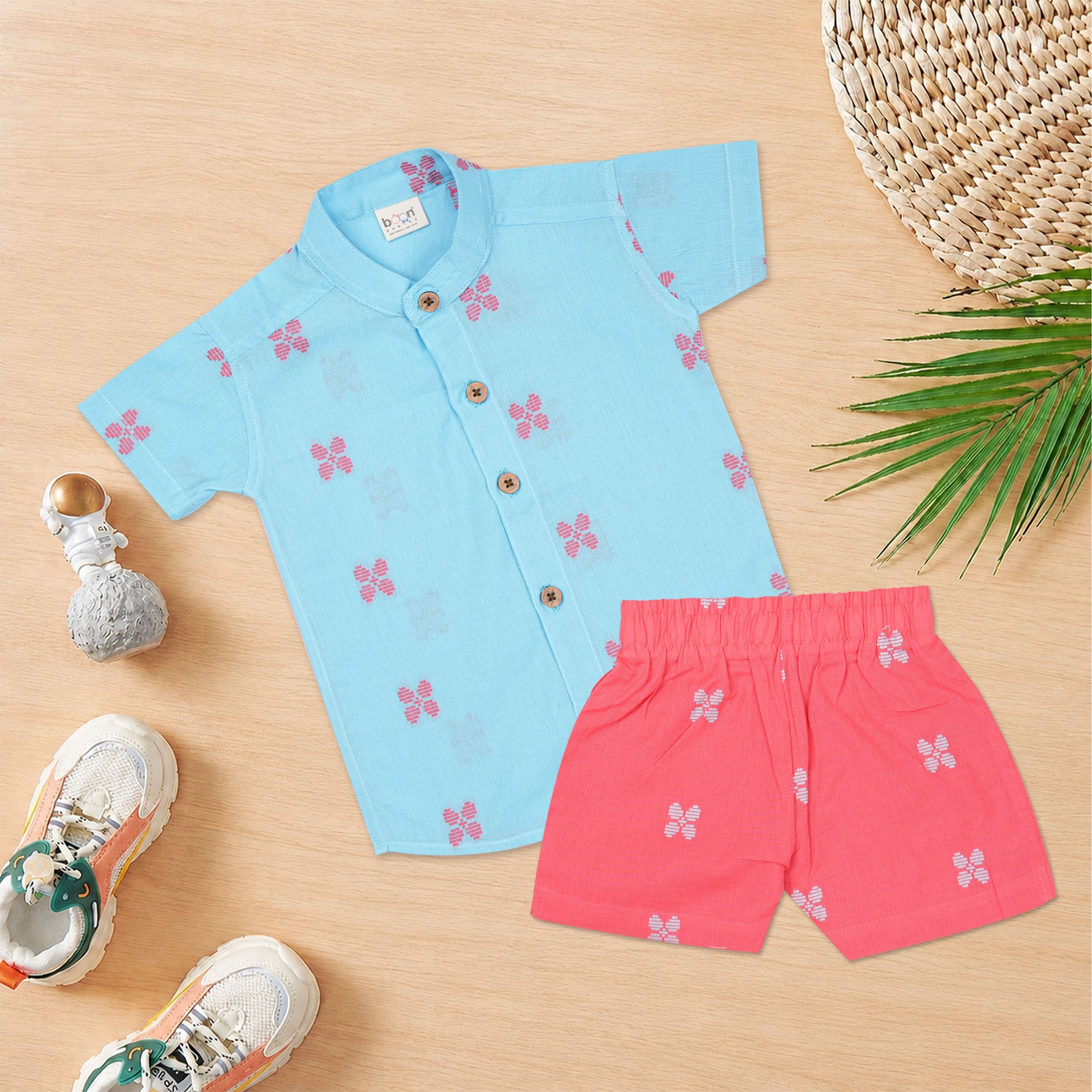 Boys premium handloom cotton shirt and shorts set with printed design and straight collar, by Boon Babies.