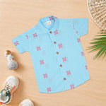 Boys' printed handloom cotton shirt with straight collar and matching shorts, stylish and comfortable Boon Babies set.