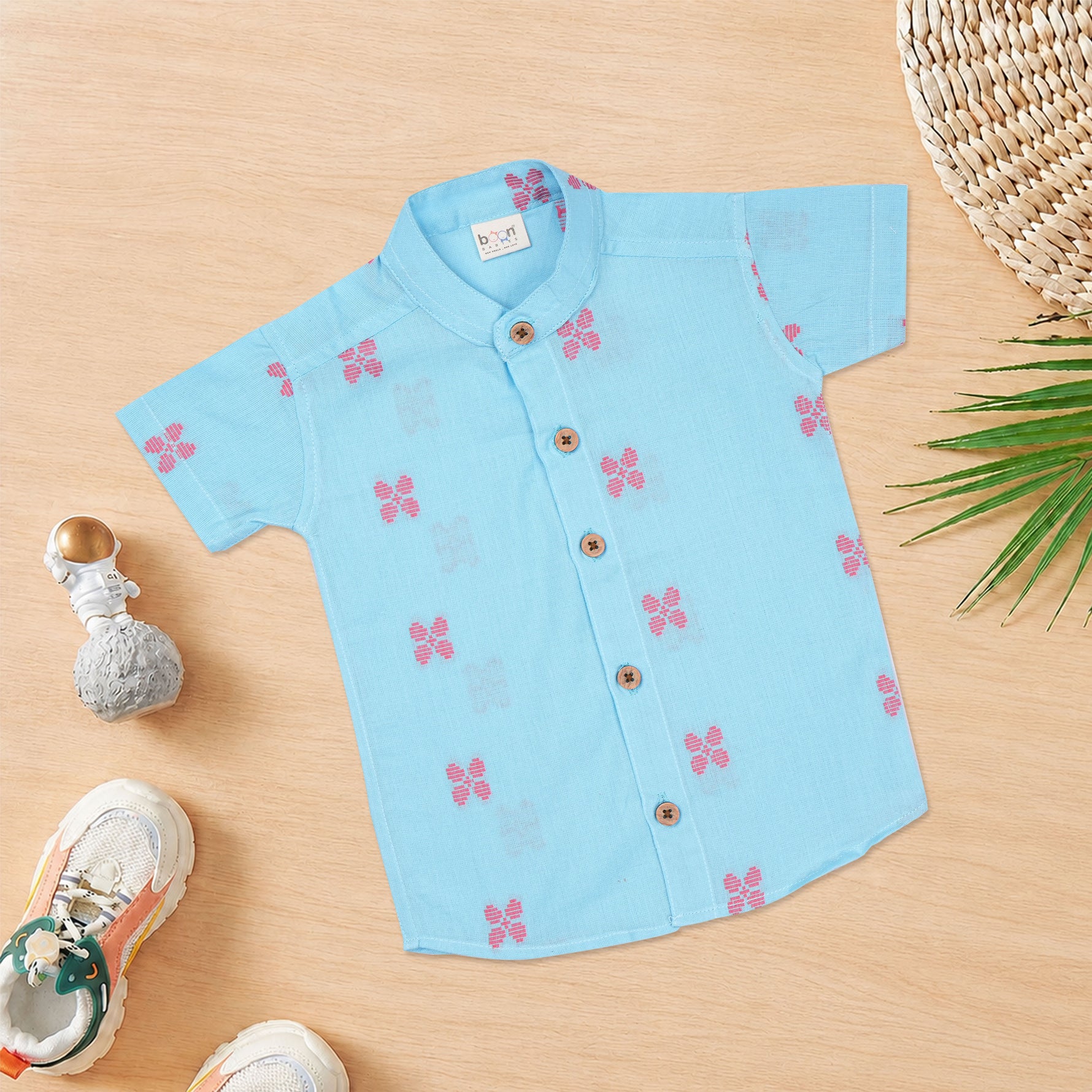 Boys' printed handloom cotton shirt with straight collar and matching shorts, stylish and comfortable Boon Babies set.