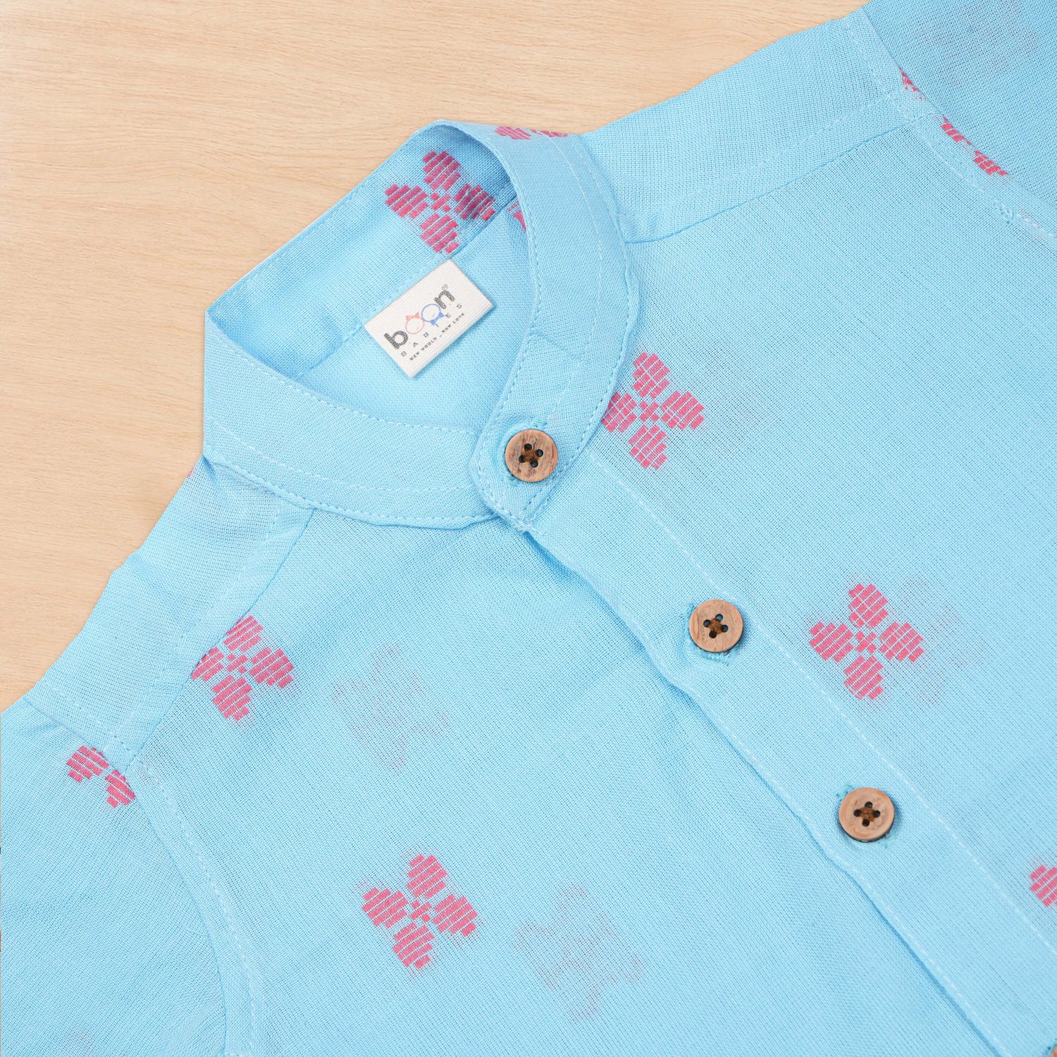 Boys premium handloom cotton printed shirt with straight collar and matching shorts from Boon Babies, soft and comfortable for kids.