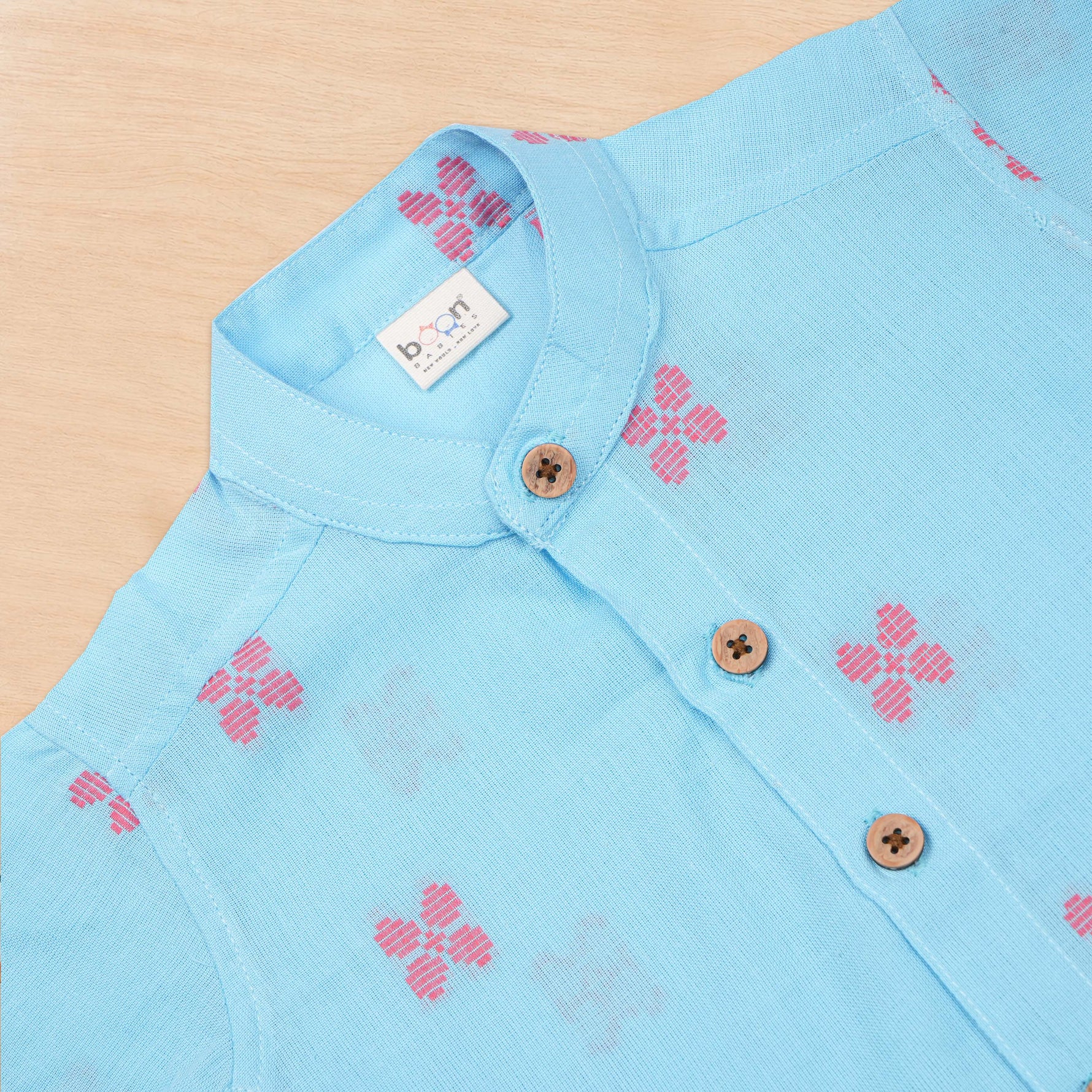 Boys premium handloom cotton printed shirt with straight collar and matching shorts from Boon Babies, soft and comfortable for kids.