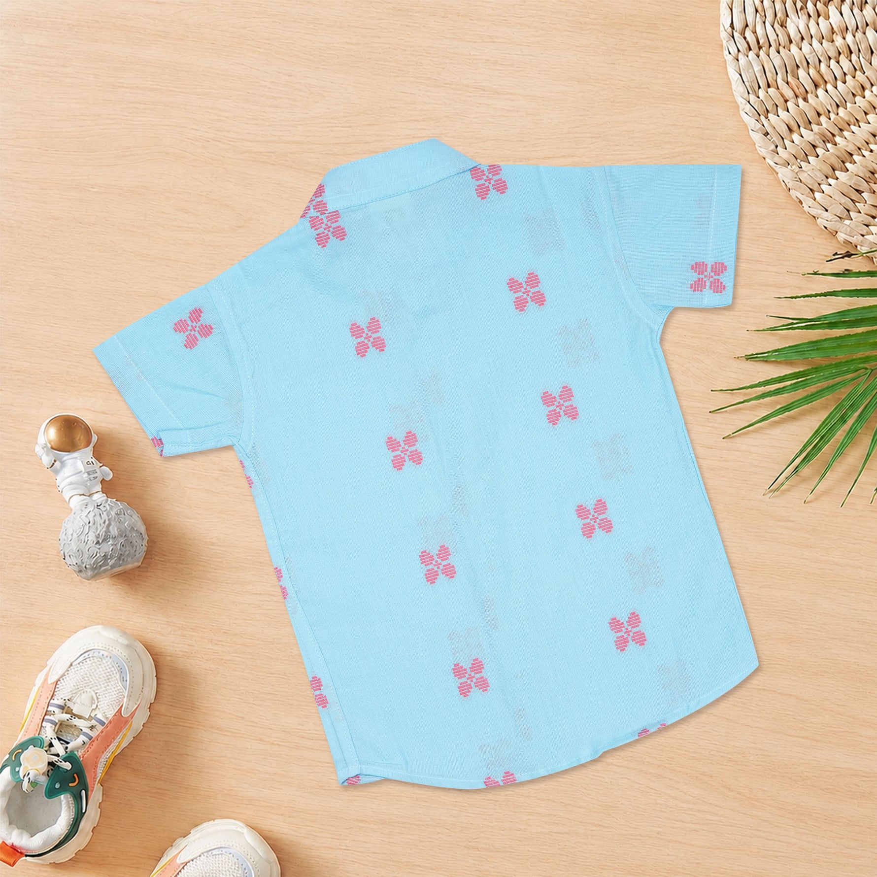 Boys premium handloom cotton printed shirt with straight collar and matching shorts, styled for comfortable casual wear.
