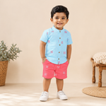 Boys premium handloom cotton printed shirt with straight collar and matching shorts, casual and comfortable Boon Babies outfit.