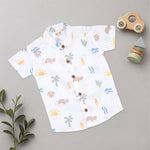 Boys wearing Boon Babies printed cotton shirt with straight collar and matching shorts, casual summer outfit.