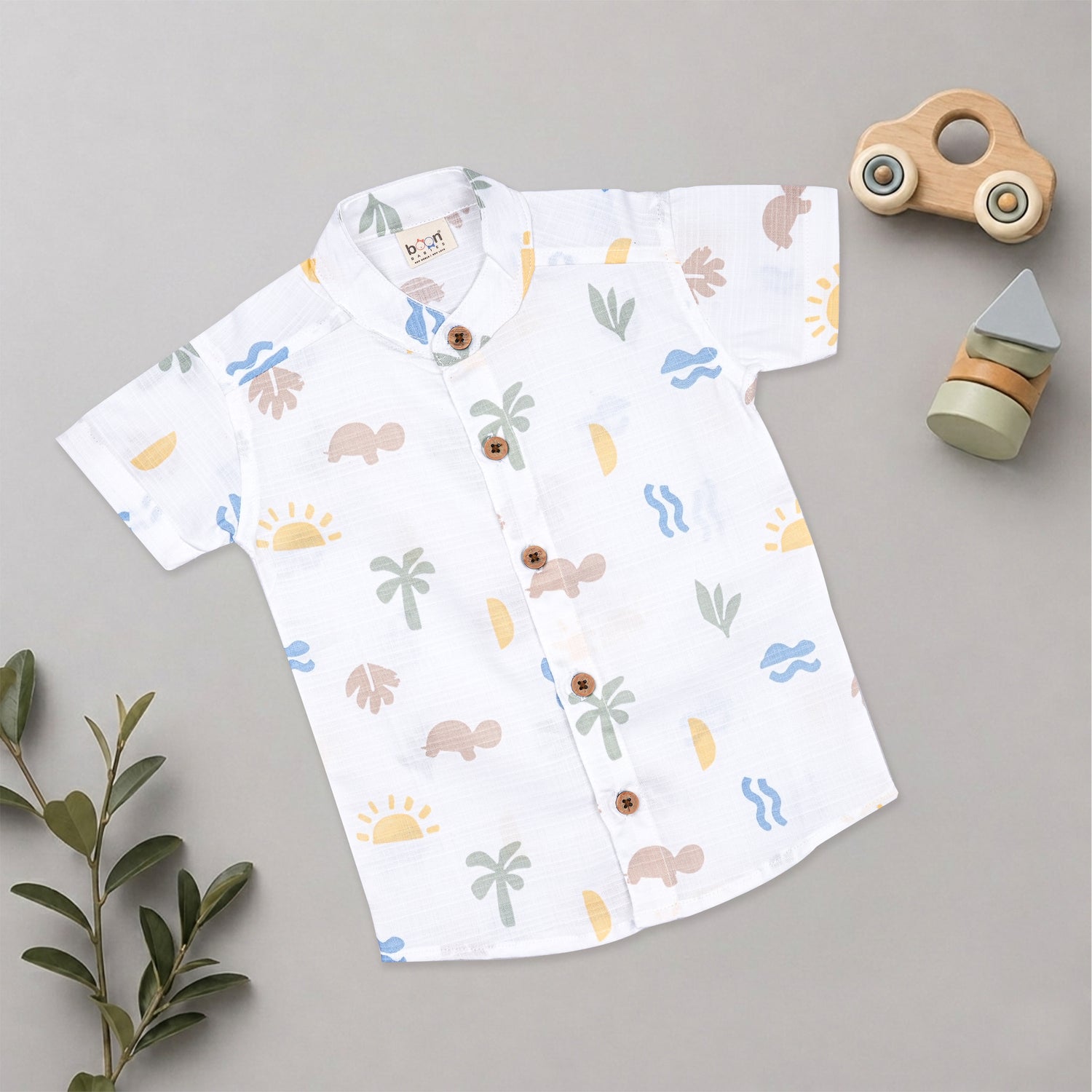 Boys wearing Boon Babies printed cotton shirt with straight collar and matching shorts, casual summer outfit.