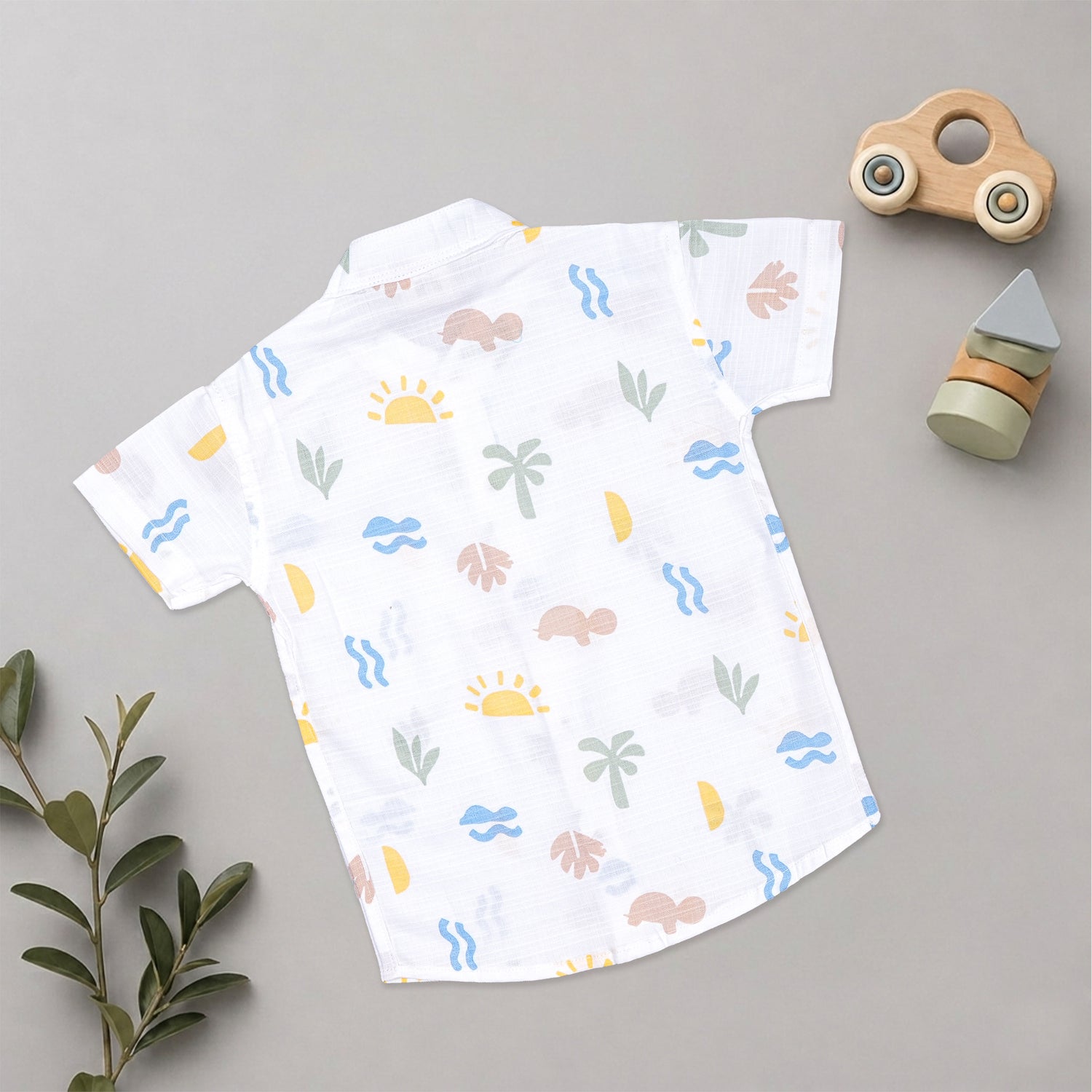 Boys premium cotton printed shirt and shorts set with straight collar, featuring colorful patterns, by Boon Babies.
