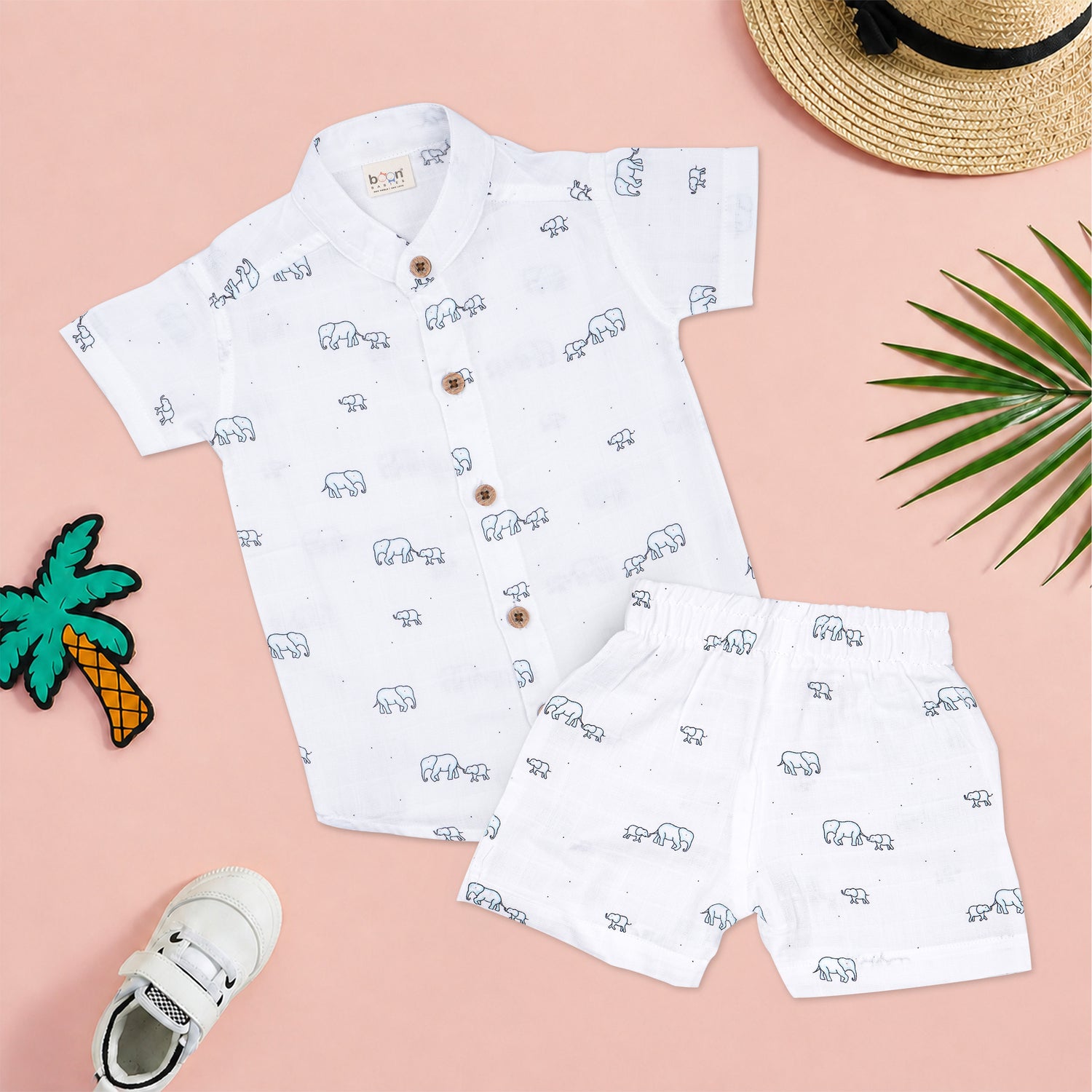 Boys' elephant print muslin cotton shirt and shorts set with straight collar by Boon Babies, featuring a soft, breathable fabric.
