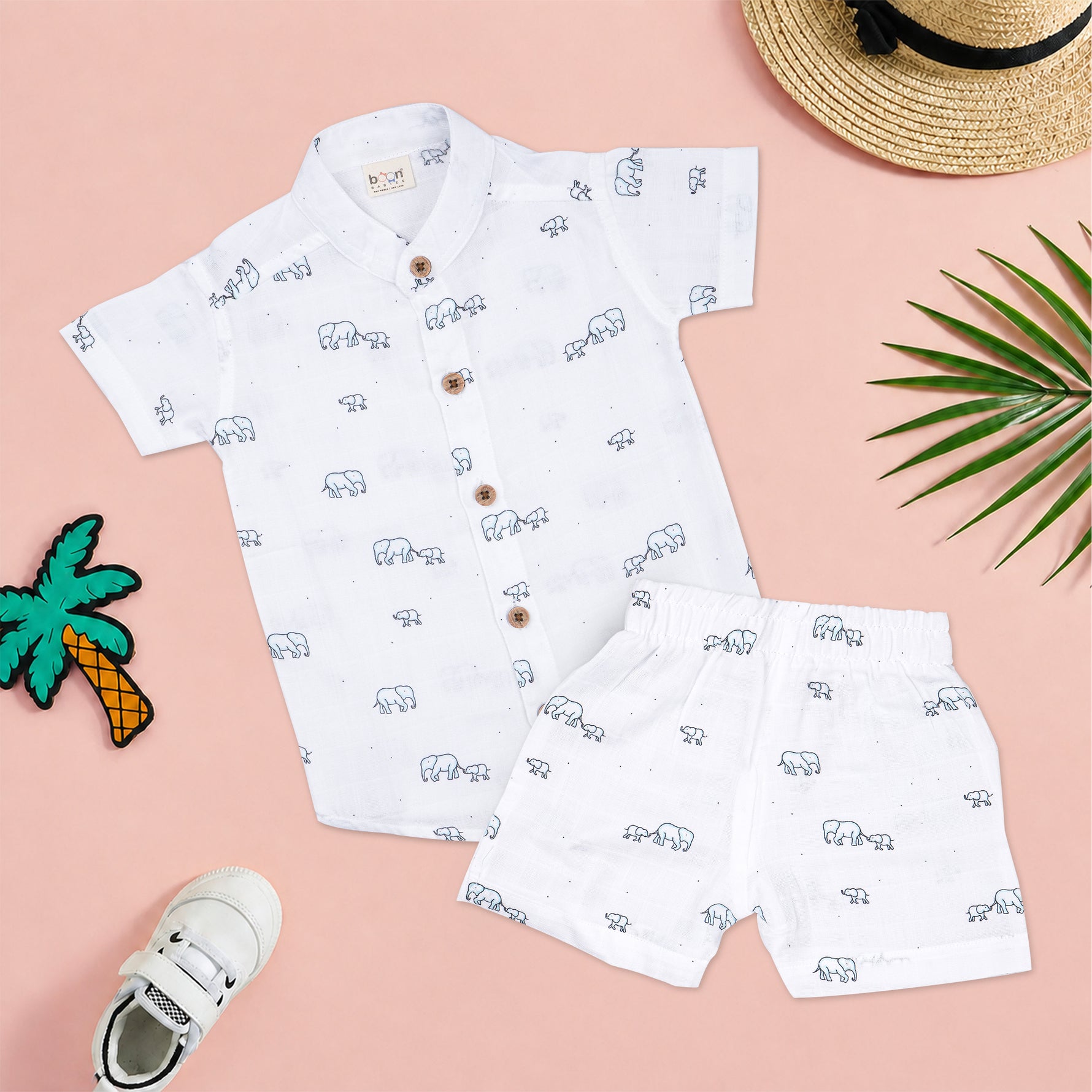 Boys' elephant print muslin cotton shirt and shorts set with straight collar by Boon Babies, featuring a soft, breathable fabric.