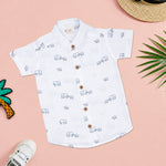 Boys' premium muslin cotton shirt and shorts set with elephant print, straight collar, soft and comfortable Boon Babies outfit.