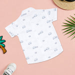 Boys' printed muslin cotton shirt and shorts set with an elephant print and straight collar by Boon Babies.