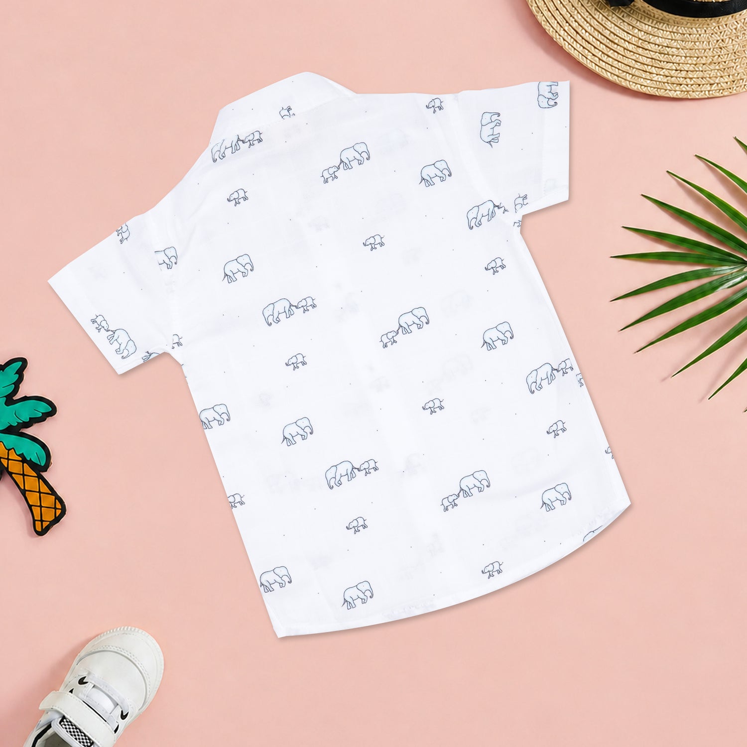 Boys' printed muslin cotton shirt and shorts set with an elephant print and straight collar by Boon Babies.