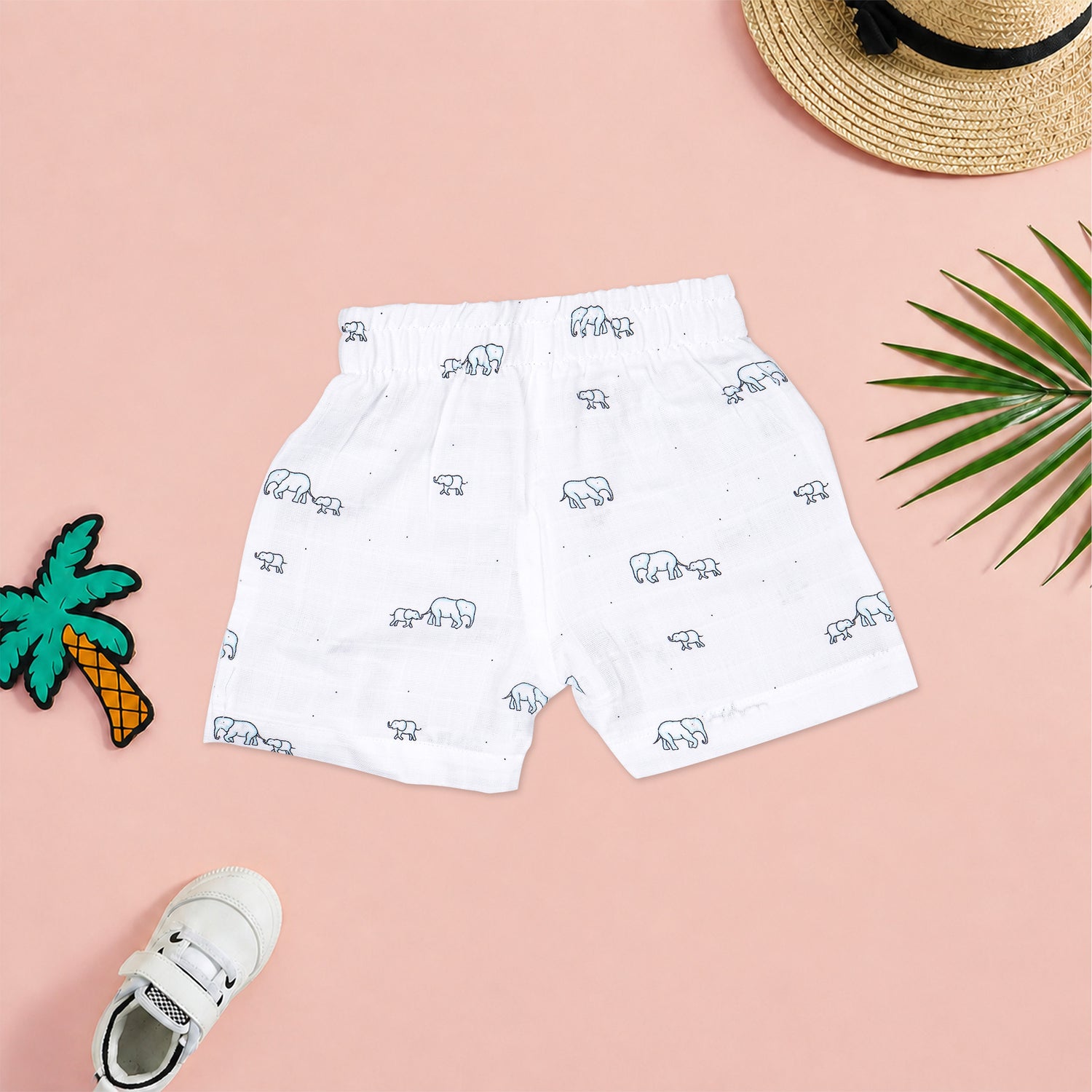 Boys' printed muslin cotton shirt and shorts set with elephant print and straight collar, by Boon Babies.