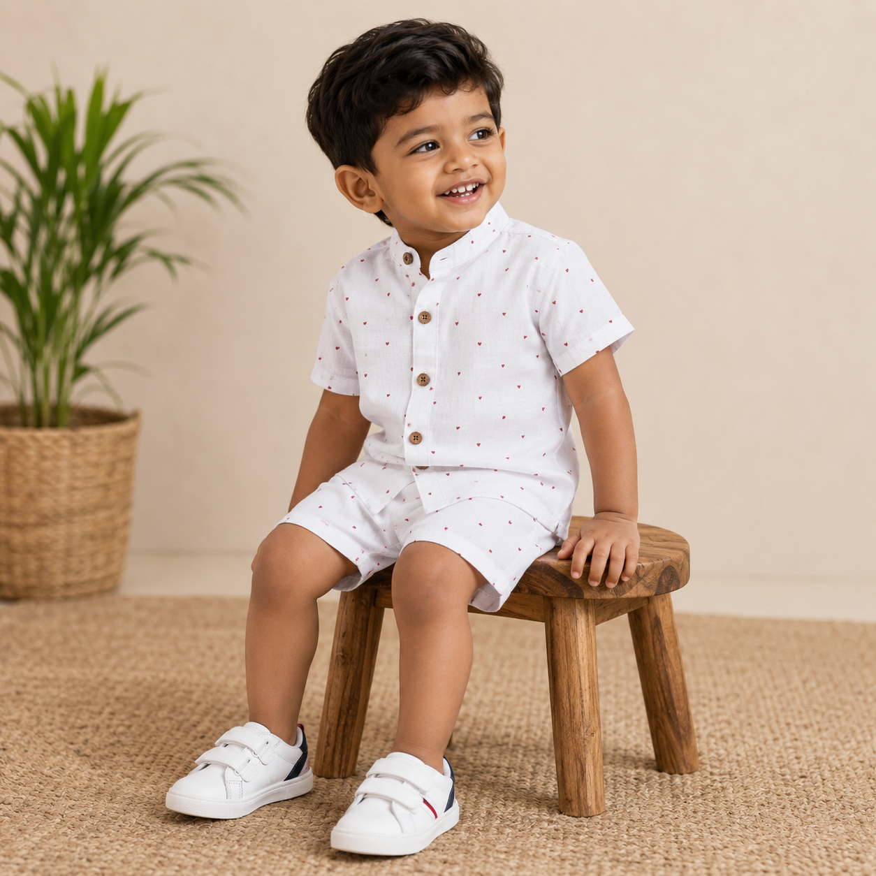 Boys Premium Muslin Cotton Shirt & Shorts Set – Red Heart Print | Boon Babies
