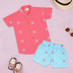 Boys premium handloom cotton coral pink shirt and shorts set with printed design, straight collar, from Boon Babies.