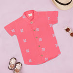 Boys premium handloom cotton coral pink printed shirt with straight collar and matching shorts from Boon Babies, soft and comfortable.