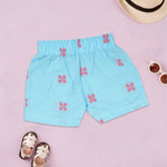 Boys' coral pink handloom cotton shirt and shorts set with printed design and straight collar, by Boon Babies.