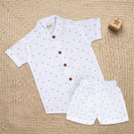 Boys' red heart print muslin cotton shirt and shorts set with straight collar by Boon Babies, featuring a cute, soft fabric design.
