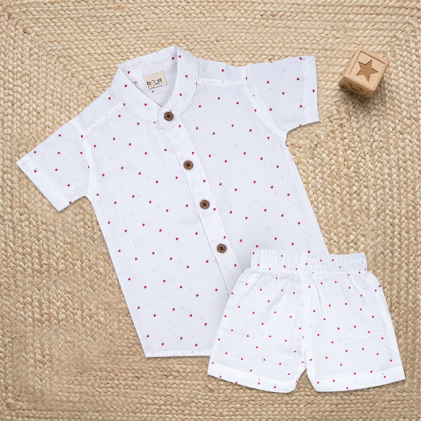 Boys' red heart print muslin cotton shirt and shorts set with straight collar by Boon Babies, featuring a cute, soft fabric design.