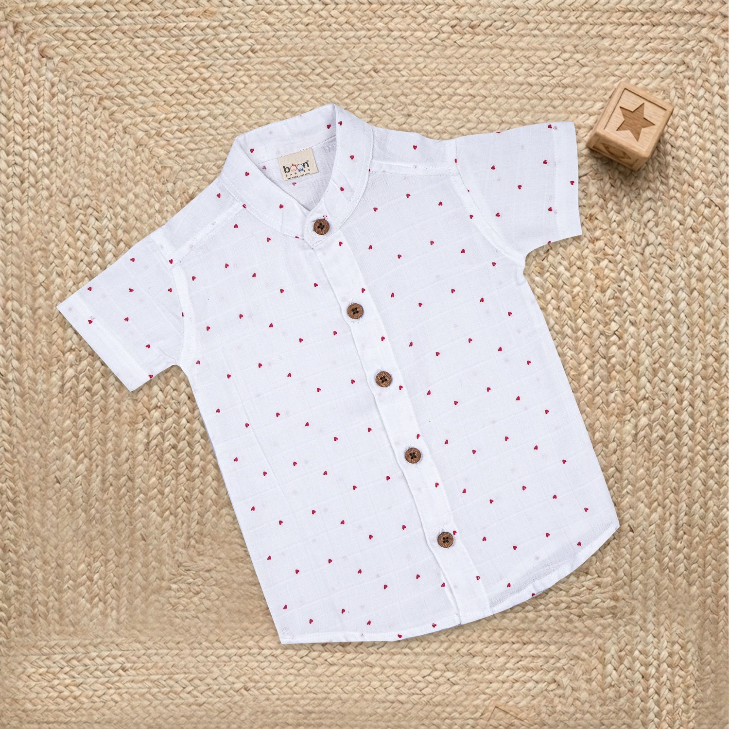 Boys red heart print muslin cotton shirt and shorts set with straight collar by Boon Babies, featuring a printed design and comfortable fit.