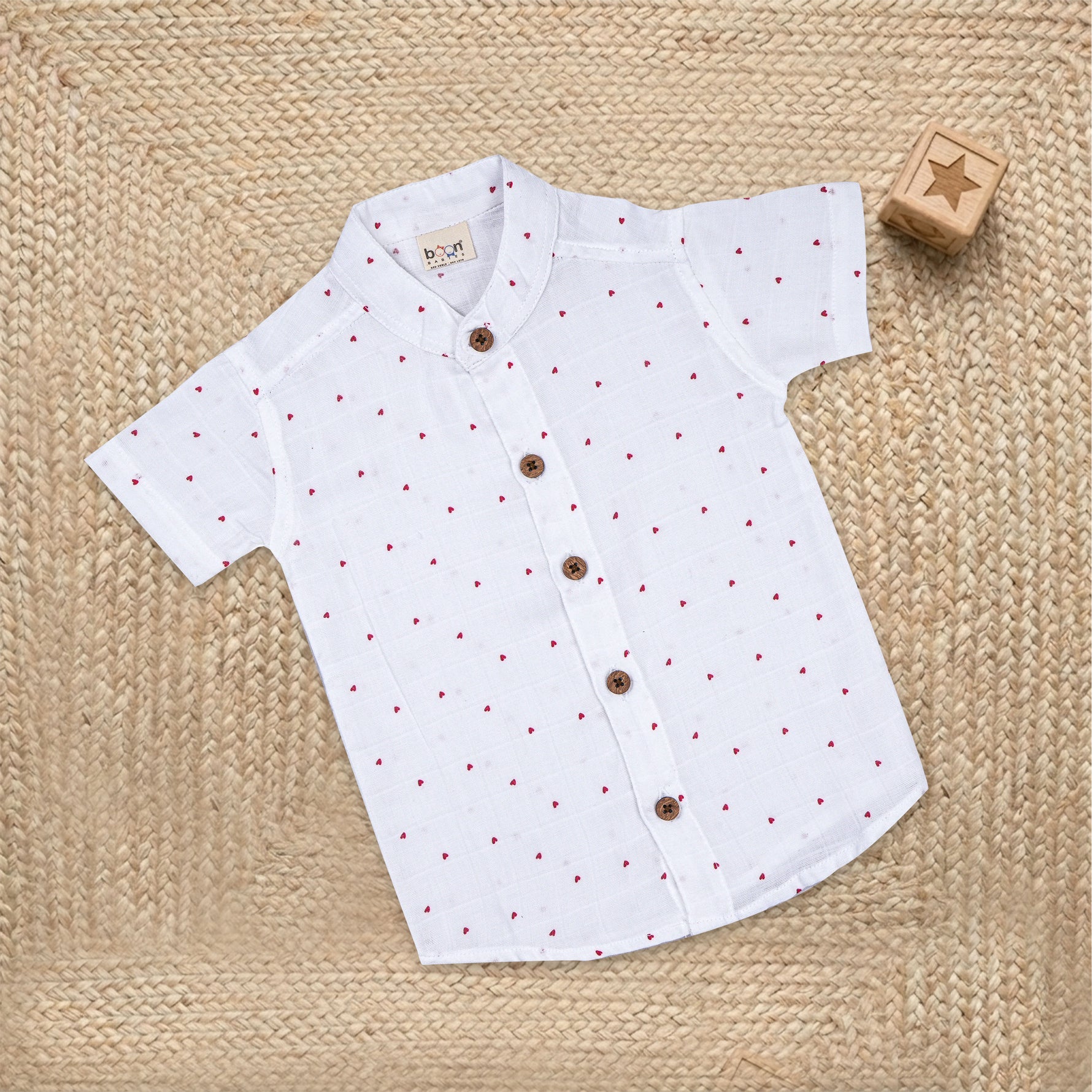 Boys red heart print muslin cotton shirt and shorts set with straight collar by Boon Babies, featuring a printed design and comfortable fit.