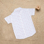 Boys' red heart print cotton shirt and matching shorts set with straight collar by Boon Babies, soft and comfortable for kids.