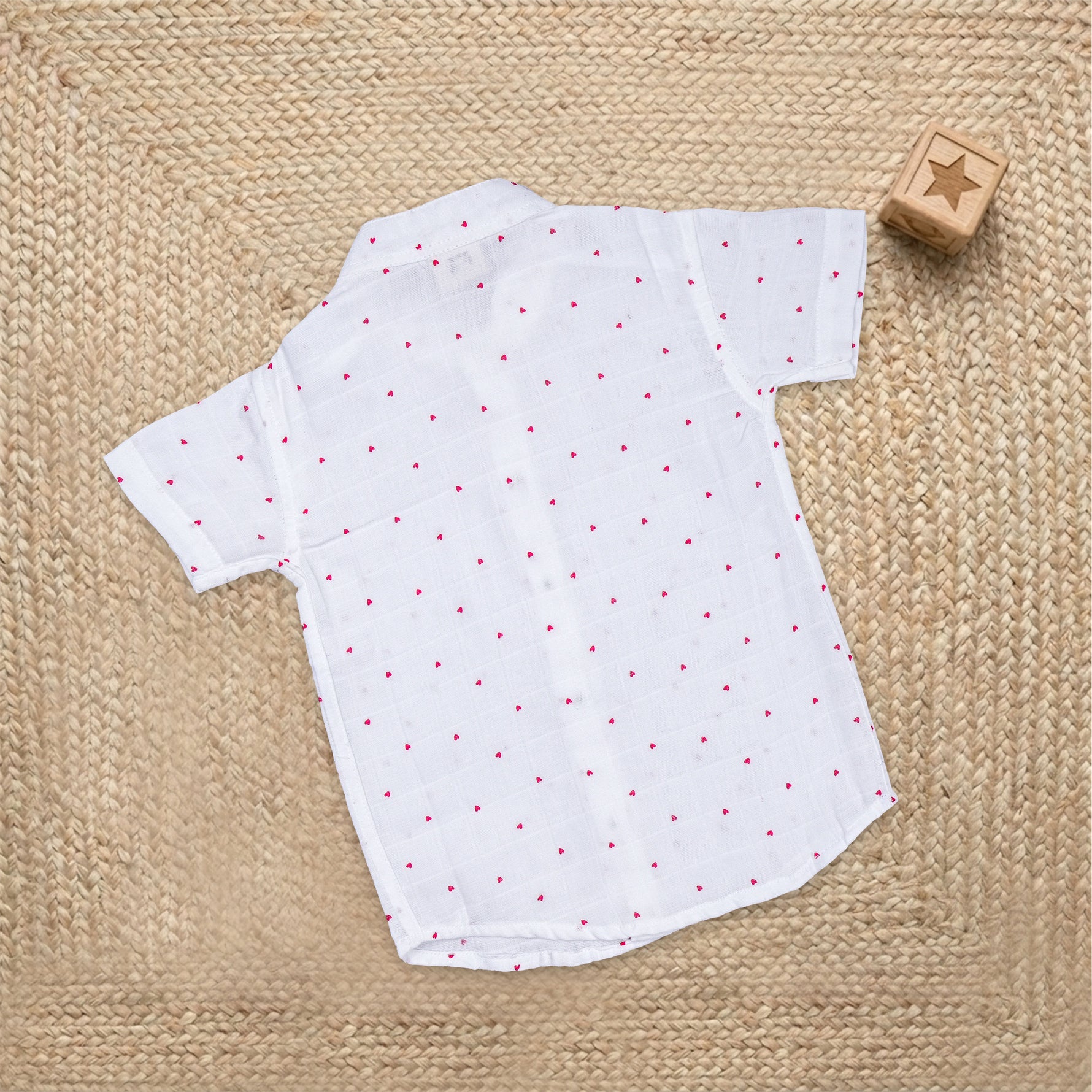 Boys' red heart print cotton shirt and matching shorts set with straight collar by Boon Babies, soft and comfortable for kids.