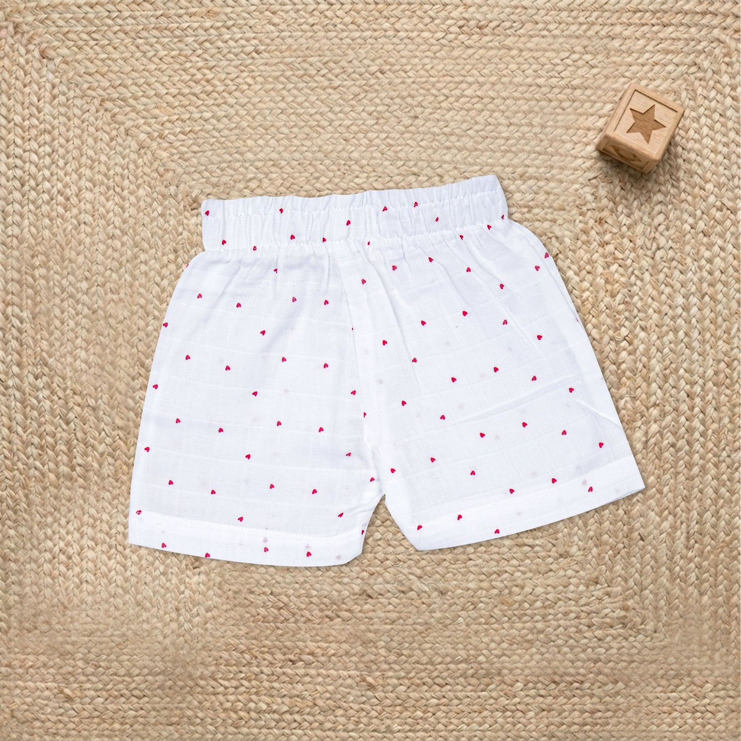 Boys red heart print muslin cotton shirt and shorts set with straight collar by Boon Babies, featuring a soft, breathable fabric.