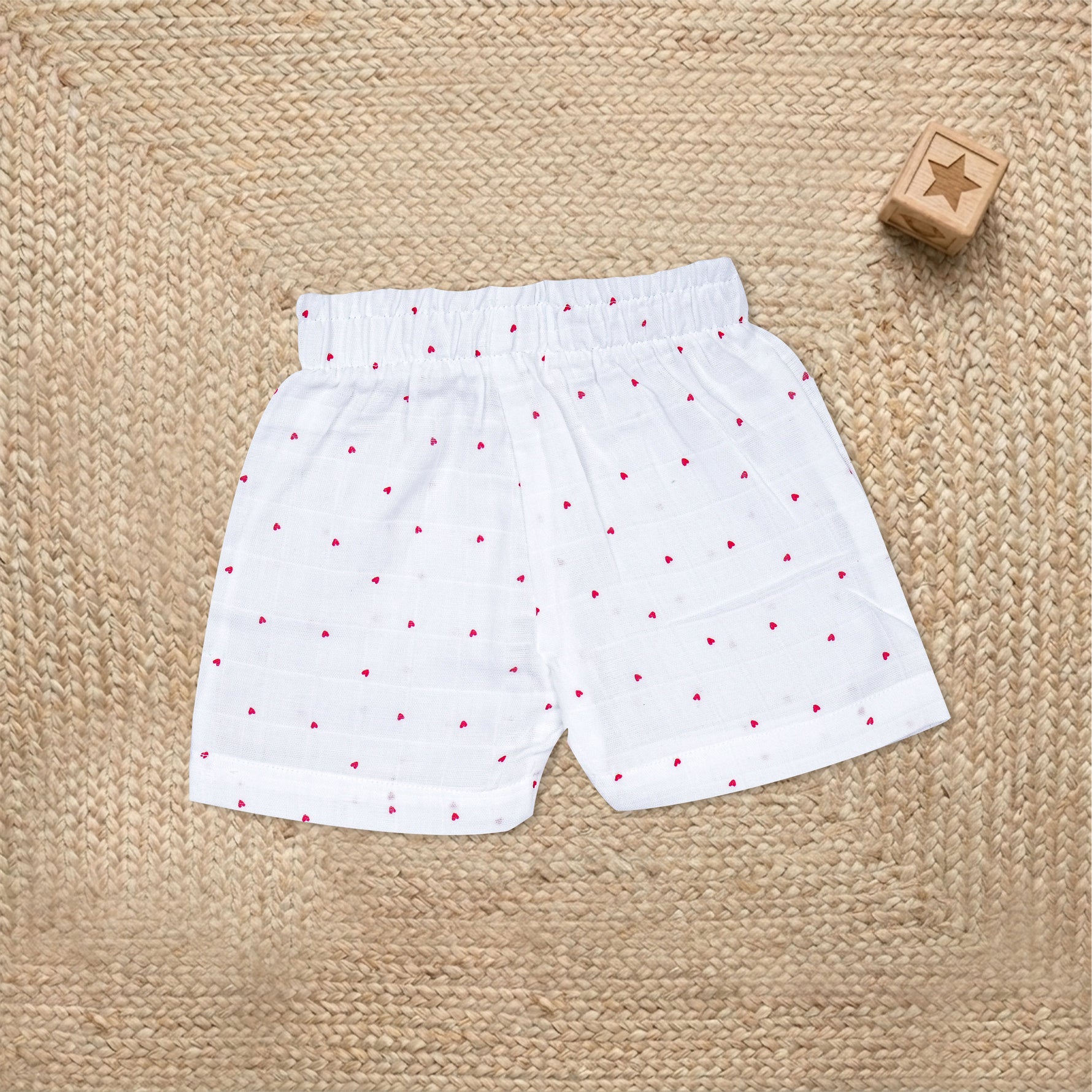 Boys red heart print muslin cotton shirt and shorts set with straight collar by Boon Babies, featuring a soft, breathable fabric.