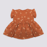 Brown crinkled muslin printed frill frock for baby girls by Boon Babies, showcasing the back design and frill details.