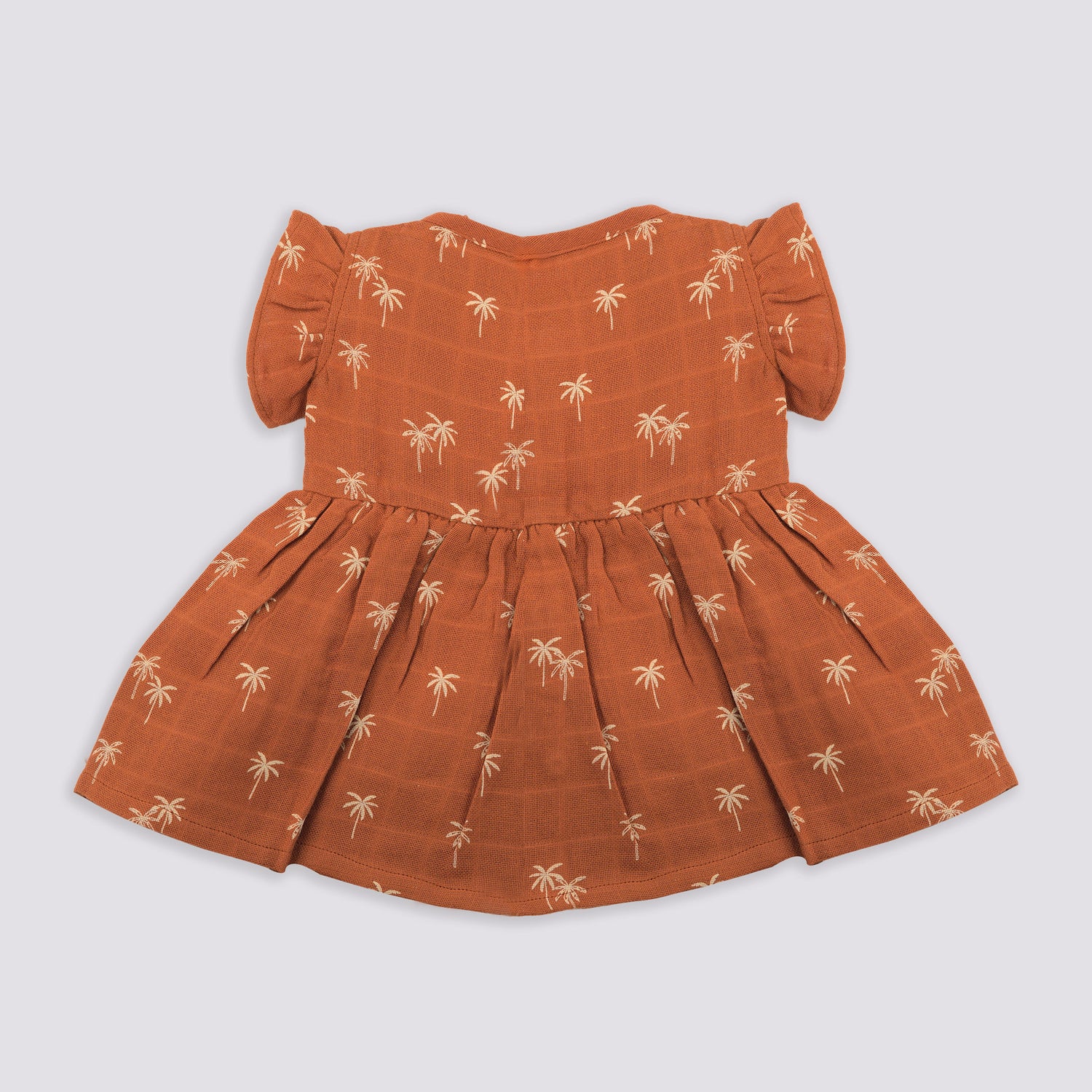 Brown crinkled muslin printed frill frock for baby girls by Boon Babies, showcasing the back design and frill details.