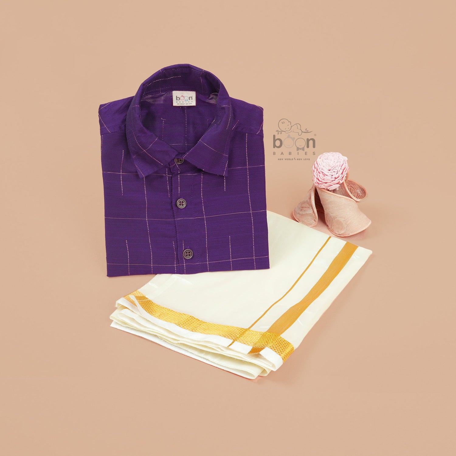 Boys festive outfit with maroon silk checked shirt and white dhoti with gold border – ethnic South Indian look from Boon Babies.
