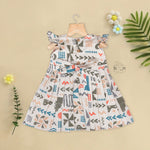 Soft cotton frock for girls featuring multicolor geometric prints and flutter sleeves. Available in sizes 6 months to 5 years. Made in Coimbatore.
