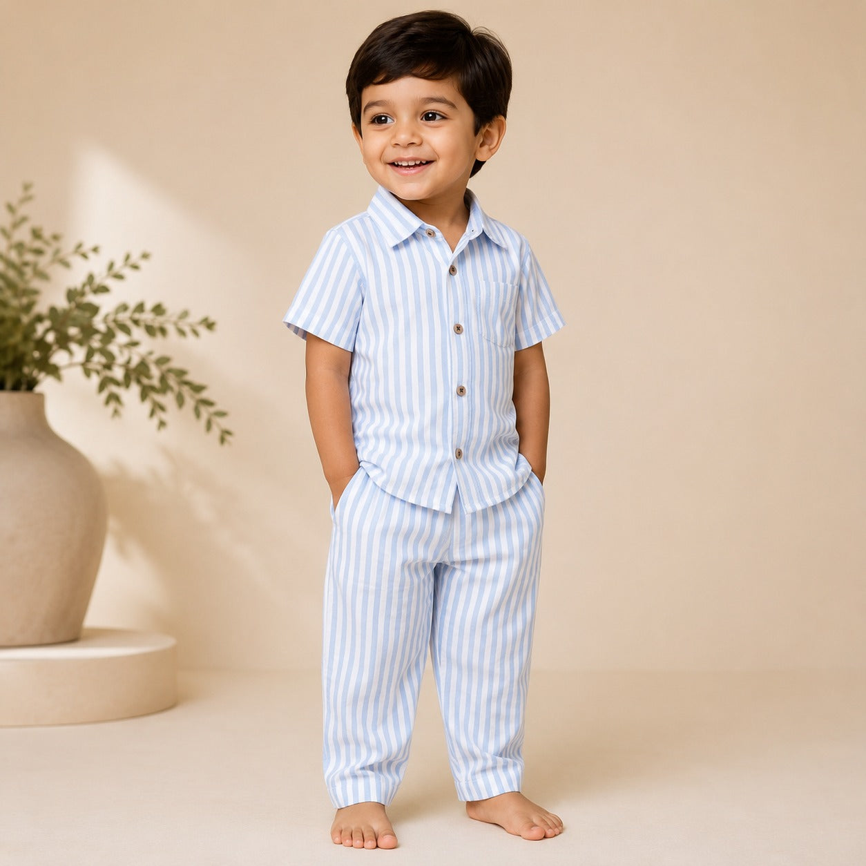 Boys Sky Blue Striped Cotton Co-ord Set 6 Months–3 Years