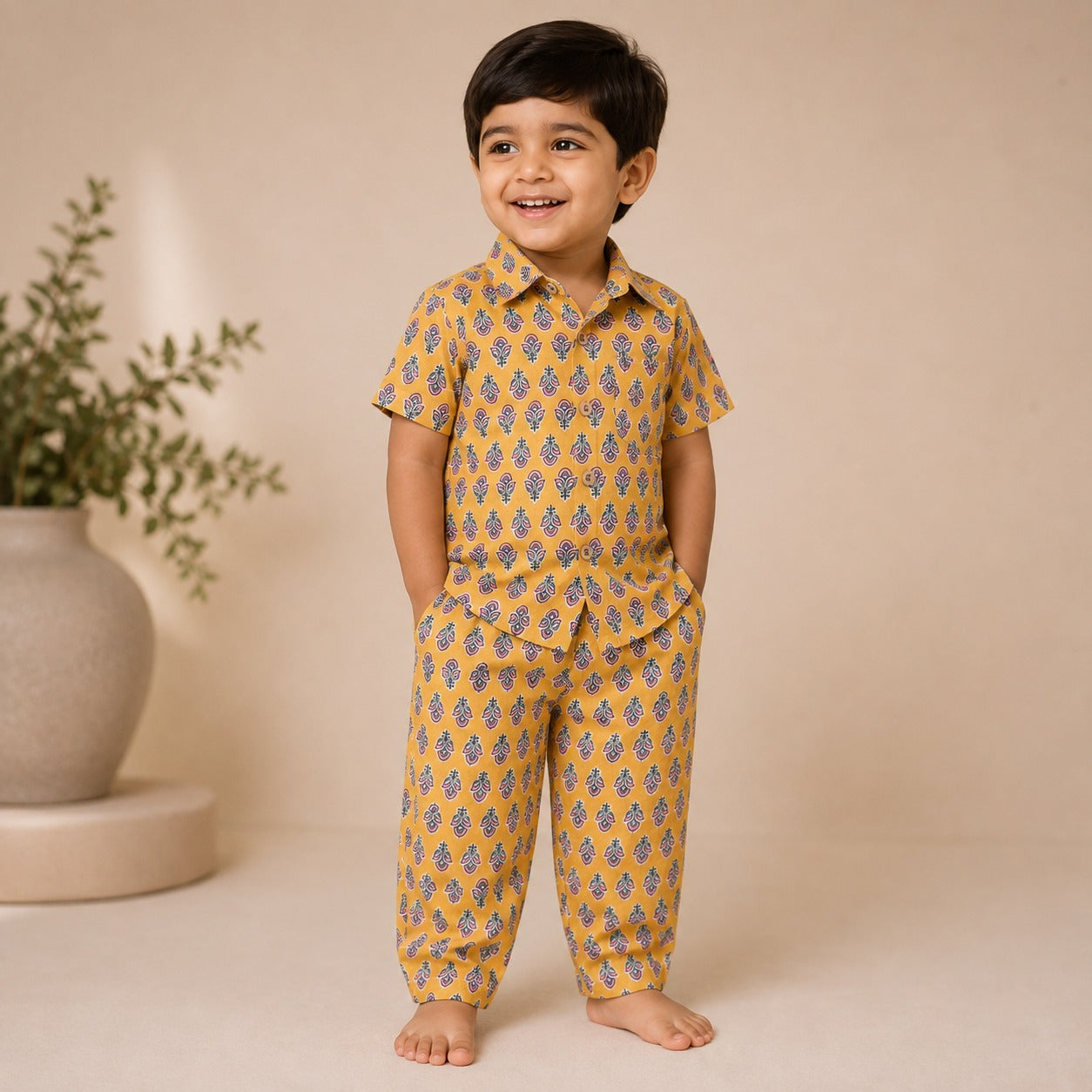 Boys Mustard Floral Printed Cotton Co-ord Set
