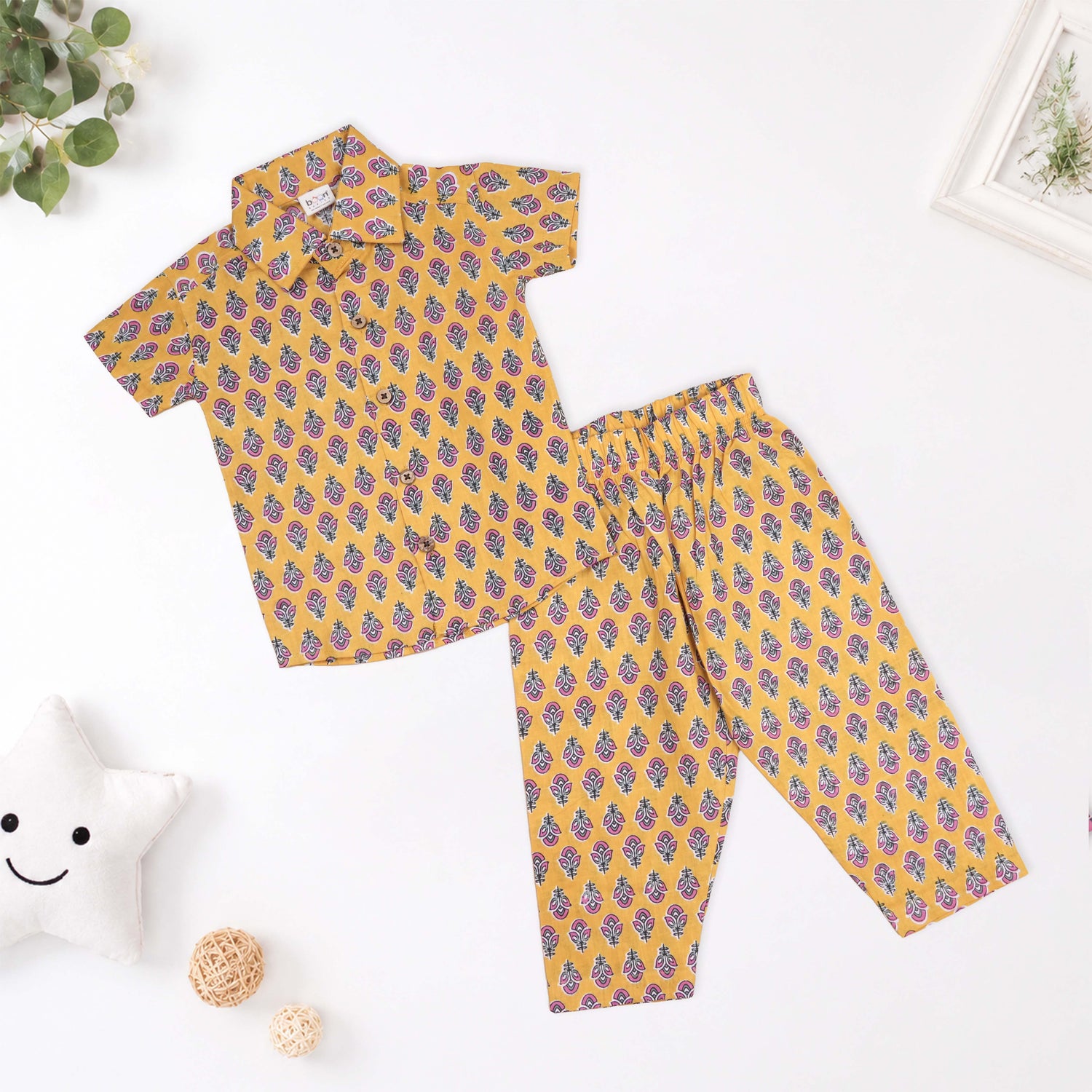 Boys Mustard Floral Printed Cotton Co-ord Set