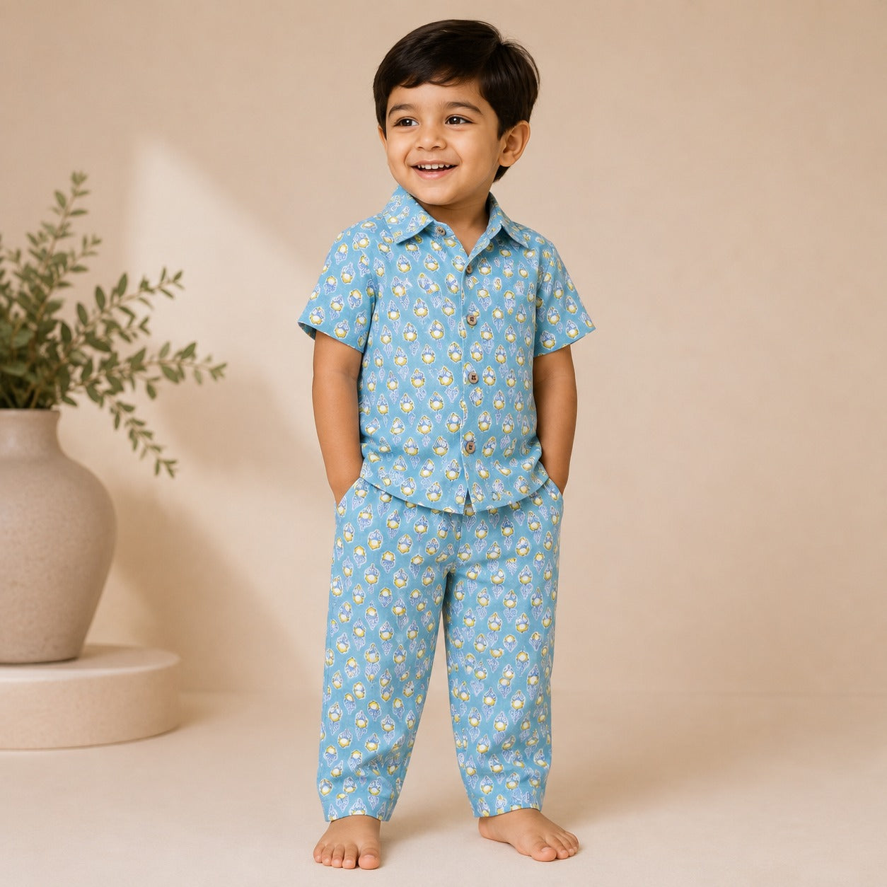 Boys Teal Blue Floral Printed Cotton Co-ord Set