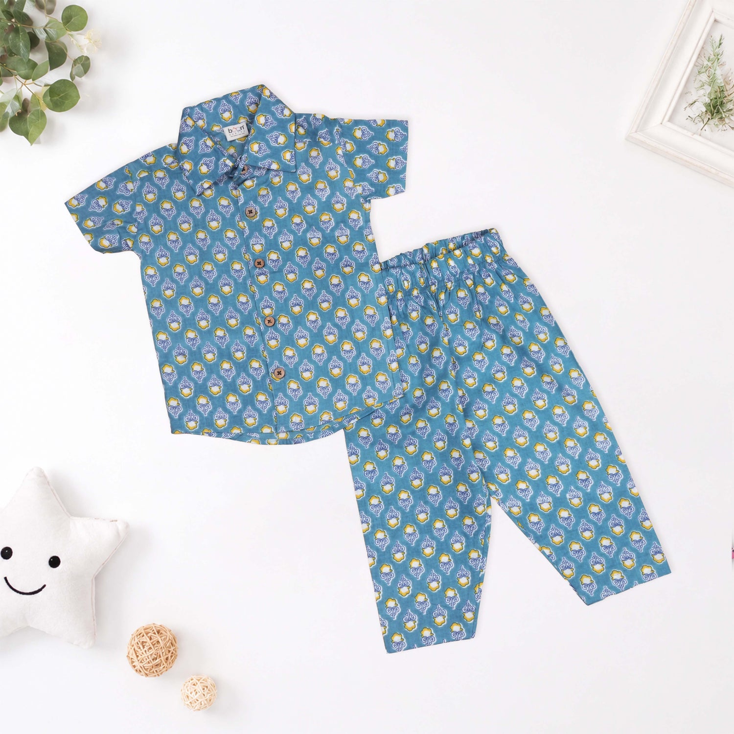 Boys Teal Blue Floral Printed Cotton Co-ord Set