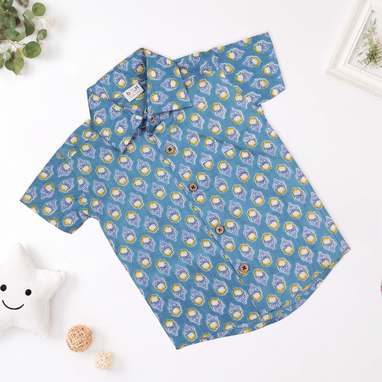 Boys Teal Blue Floral Printed Cotton Co-ord Set