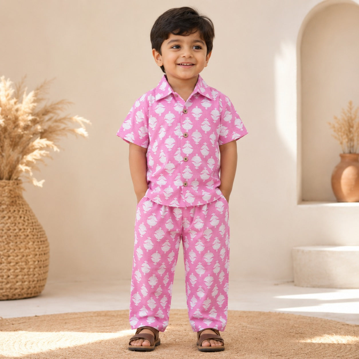 Boys Pink Floral Printed Cotton Co-ord Set